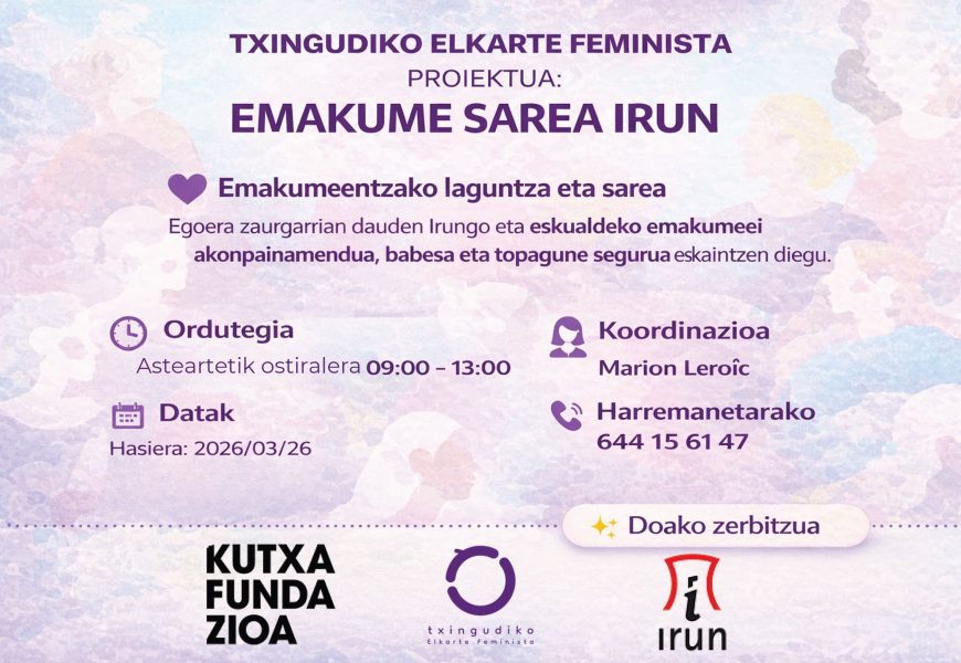Txingudiko Elkarte Feministak “Emakume Sarea Irun” proiektua abiatu du emakume zaurgarriei laguntzeko