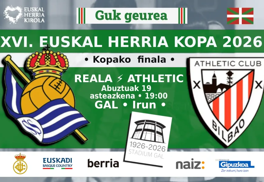 Realak eta Athleticek XVI. Emakumeen Euskal Herria Kopako finala jokatuko dute abuztuaren 19an Realak eta Athleticek XVI. Emakumeen Euskal Herria Kopako finala jokatuko dute abuztuaren 19an